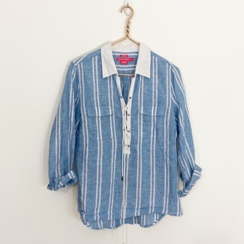 Island Company Medium 100% Linen Pirate Top‎ Blue White Striped Lace Up